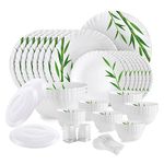 Cello Opalware Dazzle Series Bamboo Groove Dinner Set, 57Pcs | Opal Glass Dinner Set for 8 | Light-Weight, Daily Use Crockery Set for Dining | White Plate and Bowl Set