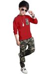 KILIMOLI Boy's Lycra Blend Round Neck T-shirt and Full-Sleeved Army Printed Trouser Set with Side Pockets (Red, 11-12 Years)