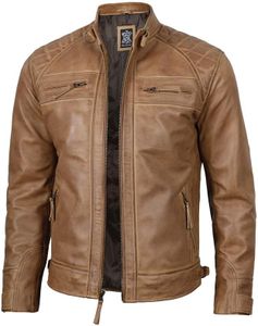 Blingsoul Motorcycle Leather Jacket Men - Quilted Cafe Racer Leather Jackets For Men, Johnson - Light Brown Leather Jacket, X-Small