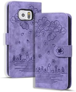 Rosbtib Case for Samsung Galaxy S6 Case Premium PU Leather Protective Case Magnetic Closure Stand Function Flip Cover Mobile Phone Case for Samsung Galaxy S6 5.1 Inch (Purple Cat)