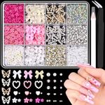 3D Nail Charms and Gems Set 7, 20PCS Chunky Butterfly Charms + 75PCS Coquette Nail Bows and Hearts + 3D Flowers for Nails with Rhinestones, Pearls, Diamonds and Picker Tools for Y2K Nail Decor