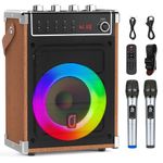 JYX Karaoke Machine with 2 UHF Wireless Microphones, Bluetooth Speaker with Bass/Treble Adjustment and LED Light, PA System Support TWS, AUX in, FM, REC, Supply for Party/Adults/Kids - Wood Grain