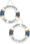 Lifesaver Rings “SURRENDER THE BOOTY” & “SANDY TOES, SALTY KISSES”, Sign Pool Decorations Outdoor, Beautiful Beach Décor Life Ring, Premium Hand Carved Lifesaver Nautical Décor Rings