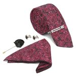 LOUIS STITCH Mens Black Pink Flowral Italian Silk Necktie Set With Pocket Square Cufflinks Brooch Tie (Suit Accessories) (Czech_TE)
