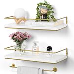 White Floating Shelves Wall Mounted, Bathroom Shelf Wall Shelf Set of 2, Modern Wooden Storage Shelves with Gold Towel Rack for Kitchen, Laundry Room, Bathroom Decor or Storage