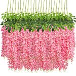 CEWOR 24pcs Artificial Wisteria Vine 3.6 Feet Fake Flowers Ratta Hanging Garland Silk Flowers String for Wedding Party Garden Outdoor Greenery Home Wall Decoration (Pink)