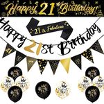 14 Pieces 21st Happy Birthday Decorations Kit, Birthday Party Decoration Including Party Supplies Birthday Straps 9ft Banner Triangle Flags Confetti Latex Balloons