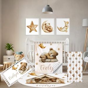 Terwex Personalized Baby Bedding Set, 5 Pcs Custom Baby Crib Sets with Name, Bear Toddler Bedding Set for Baby Boys Girls, Double Layer Nursery Flannel Bedding Set, Customized Gifts for Infants Kids
