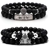 JEWPARK 4 Pcs Crown King Bracelets for Men Black Matte Onyx Cool Natural Stone Bracelets Set, Large, Stone, obsidian