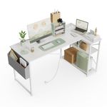 BEXEVUE Small L Shaped Desk with Power Outlets - 100x70cm Corner Computer Desk Writing Table, Reversible Large Storage Shelves, Bookshelf Workstation for Study Play Work Bedroom Home Office White