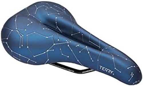 Terry Butterfly Galactic Bike Saddle | Bicycle Seat Optimized for Women - Flexible & Comfortable |Sit Bone Support, Ergonomic Design, Low Profile, Flat Top, Constelation Print Blue Leather