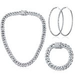 Batiyeer Link Chain Necklace Bracelet Rhinestone Earrings Bling Necklace Bracelet Crystal Big Circle Earring for Women(Silver, 16 Inch)
