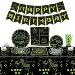 Green Video Game Party Decorations - 102Pcs Gaming Decorations Includes Game On Plates, Napkins, Cups, Birthday Banner Birthday Decorations for Boys Gamer Level Up Gaming Party Supplies, Serve 20