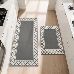COSY HOMEER Kitchen Rug Mat Sets, 2 Pieces Nonslip Washable Kitchen Floor Mats Rugs, TPR Backing Carpet Runner Rugs for Hallway Entrance Dining Room, 60X89cm+60X152cm, Grey
