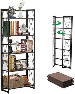 VECELO 5 Shelf Bookcase,No-Assembly Folding-Bookshelf,Upgrade Industrial Standing Racks Study Organizer with Metal Frame & Wood Layer,Brown