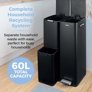 Tower 60L Recycling Pedal Bin – Black Stainless Steel Trash Can