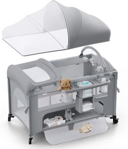 Obee Odee 4 in 1 Baby Bassinet, Pack and Play, Bedside Crib Sleeper, Diaper Changer - Comes with Mattress, Mosquito Net，Bottom Storage and Toy Bar for Newborn to Toddles