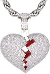 TSANLY Broken Heart Pendant Necklace Hip Hop CZ Fully Iced Out Bling CZ Diamond 24K White Gold Plated with 24" Stainless Rope Chain, Stone Stud Metal Stainless Steel