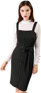 Allegra K Women's Jumper Dress Button Front Bow Tie Waist Slim Fit Pinafore Overall Pencil Dress Black Medium