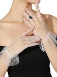OYOANGLE Women's Polka Dots Pearls Sheer Mesh Tea Party Gloves Ruffle Trim Bridal Gloves White one-size
