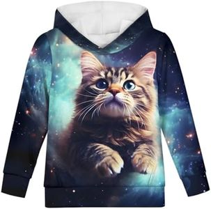 GLUDEAR Boys Girls 3D Print Graphic Sweatshirts Long Sleeve Pullover Hoodies, Green Galaxy Brown Cat, 8-11 Years