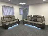 Savilla Leather Electric Recliners Sofa With Cupholders – 3+2 Seater Sofa Set – Electric Recliners – LED Lights – Wireless Charging – USB Charging & USB C Charging (Grey, 3+2 Seater)