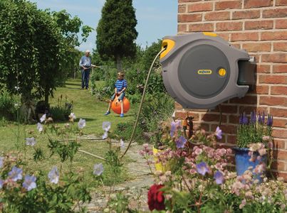 Hozelock 40m Auto Reel with 7.5m Expanding Hose – Easy Install, Grey