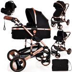 Baby Pram Pushchair Buggy with Car Seat Lightweight Stroller Folding Strollers 3 in1 Travel System Baby Trolley Baby Pram for Newborns Toddlers 0-36 Months from Birtn (Black - Rose Gold Frame)