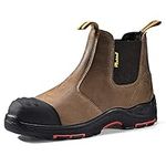 SAFEYEAR Heavy Duty Men Safety Work Boots, S3 Tan Site Dealer Safety Trainer Shoes, 4E Wide Fit S3 Composite Toe Cap, Laceless Slip On Waterproof Leather for Site Construction, Comfortable Gel Insole