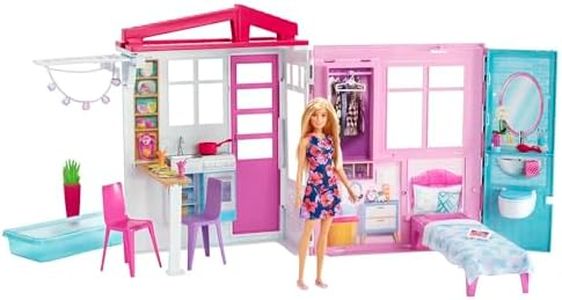 Barbie Doll and Dollhouse, Portable 1-Story Playset with Pool and Accessories, for 3 to 7 Year Olds, GWY84
