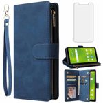 Asuwish Compatible with AT&T Calypso 3 U328AA Wallet Case Tempered Glass Screen Protector and Leather Flip Cover Card Holder Stand Cell Accessories Purse Phone Cases for ATT Calypso3 Women Men Blue