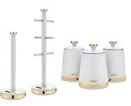 Tower Cavaletto Modern & Contemporary Kitchen Storage Set. Set of 3 Tea, Coffee & Sugar Canisters, Mug Tree & Towel Pole in Optic White with Champagne Gold Accents