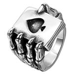 JewelryWe Mens Stainless Steel Ring, Gothic Skull Hand Claw Poker Playing Card, Black Silver,Size Q