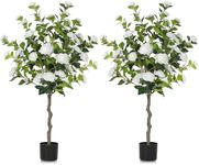 YITAHOME 2 Pack 4FT Artificial White Camellia Tree, 30 LED Prelit Lights Fall Decor Artificial Flower, Faux Floral Plant Blooming Tree, Greenery Potted Plant for Outdoor Office Home Christmas Decor