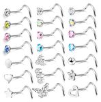 JeweBella 21 Pcs 20G Nose Stud Piercing 316L Surgical Steel for Women Men Hypoallergenic Small Colorful CZ Silver Nose Studs I Shaped/L Shaped/S Shaped Nose Stud Screw Nose Piercing Jewellery