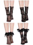 Geyoga 4 Pairs Women's Lace Socks Mesh Lace Loose Socks Decorated Ankle High Sheer Socks Sheer Mesh Slouch Socks for Women (Black Flower)