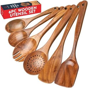 Teak Wooden Utensil Set 6-Piece - Smooth Finish Bamboo Wooden Spoons for Cooking Comfortable Grip, Non Scratch Premium Teak Wood Kitchen Utensils Set