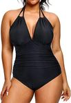 Aqua Eve BeachQueen Women Plus Size Sexy One Piece Swimsuit Halter V Neck Swimwear Black