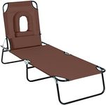 Outsunny Outdoor Foldable Sun Lounger, 4 Level Adjustable Backrest Reclining Sun Lounger Chair with Pillow and Reading Hole, Brown