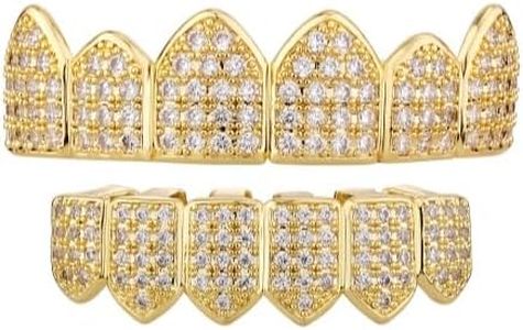 YOSZO Grillz Teeth Men 18K Plated Gold Grills for Your Teeth Jewelry Hip Hop Diamond CZ Top Bottom Grills Mouth Tooth Cap, Medium, Gemstone, White Diamond