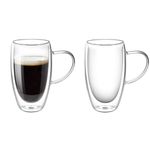 Quable Double Walled Coffee Glasses 450ml, 15oz Clear Glass Coffee Mugs with Handles, Set of 2 Insulated Coffee Glass Espresso Cups, Stackable Cappuccino Glassware Cups, Coffee Mug Set