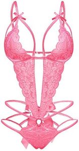 Donnalla Women's Deep V Lace Teddy One Piece Lingerie Cutout Strappy Lingerie, Pink, Medium