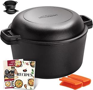 Overmont 2 in 1 Cast Iron Dutch Oven with Cookbook Recipe 5 QT Dutch Oven Pot + 1.6 QT Dual Function Skillet Lid Pre Seasoned with Handle Covers for Camping Home Cooking BBQ Baking