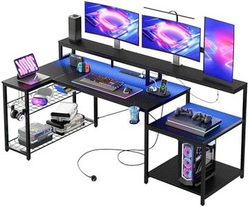 Bestier 181CM L-Shaped Gaming Desk with RGB LED Lights, Power Outlets, USB Ports, Carbon Fibre Surface, Monitor Stand, Storage Shelf, Cup Holder & Headset Hook