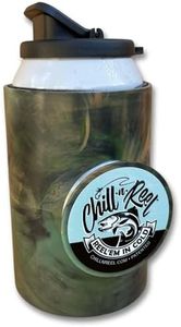 Chill-N-Reel Fishing Can Cooler (from Shark Tank) | Hard Shell Drink Holder with Hand Line Reel Attached | Fits Any Standard Insulator Sleeve or Coozie | Unique Fun Fishing Gift (Camo & Spill Guard)