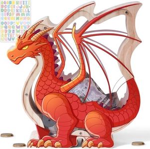 Uniwooder Wooden Dragon Piggy Bank for Kids, Unbreakable Toddler Piggy Bank with Sticker, Large Initial Boys Bank Money Jar, Easter Birthday Gifts for Kids, Educational Dragon Toys for Girls Boys