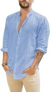Friptspyg Hombres Camisa de Manga Larga de Algodón y Lino Corte Regular Ideal para Ocasiones de Playa y Vestir Casual Camisa de Verano, Azul Cielo S