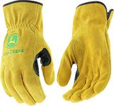 John Deere JD00004 Leather Gloves - Medium Size Split Cowhide Work Gloves with Shirred Elastic Wrist. Hand Protection Wear, Yellow