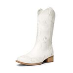 DREAM PAIRS Women's Cowboy Boots Mid Calf Cowgirl Boots Embroidery Stitched Square Toe Western Boots,Size 5,White,SDMB2220W