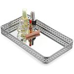 JuxYes Mirror Tray Jewelry Organizer Vanity Tray Glass Metal Cosmetic Makeup Tray Silver Trinket Tray for Dresser Bathroom Bedroom Countertop Wedding Home Decoration, 13.8 * 7.9 inch